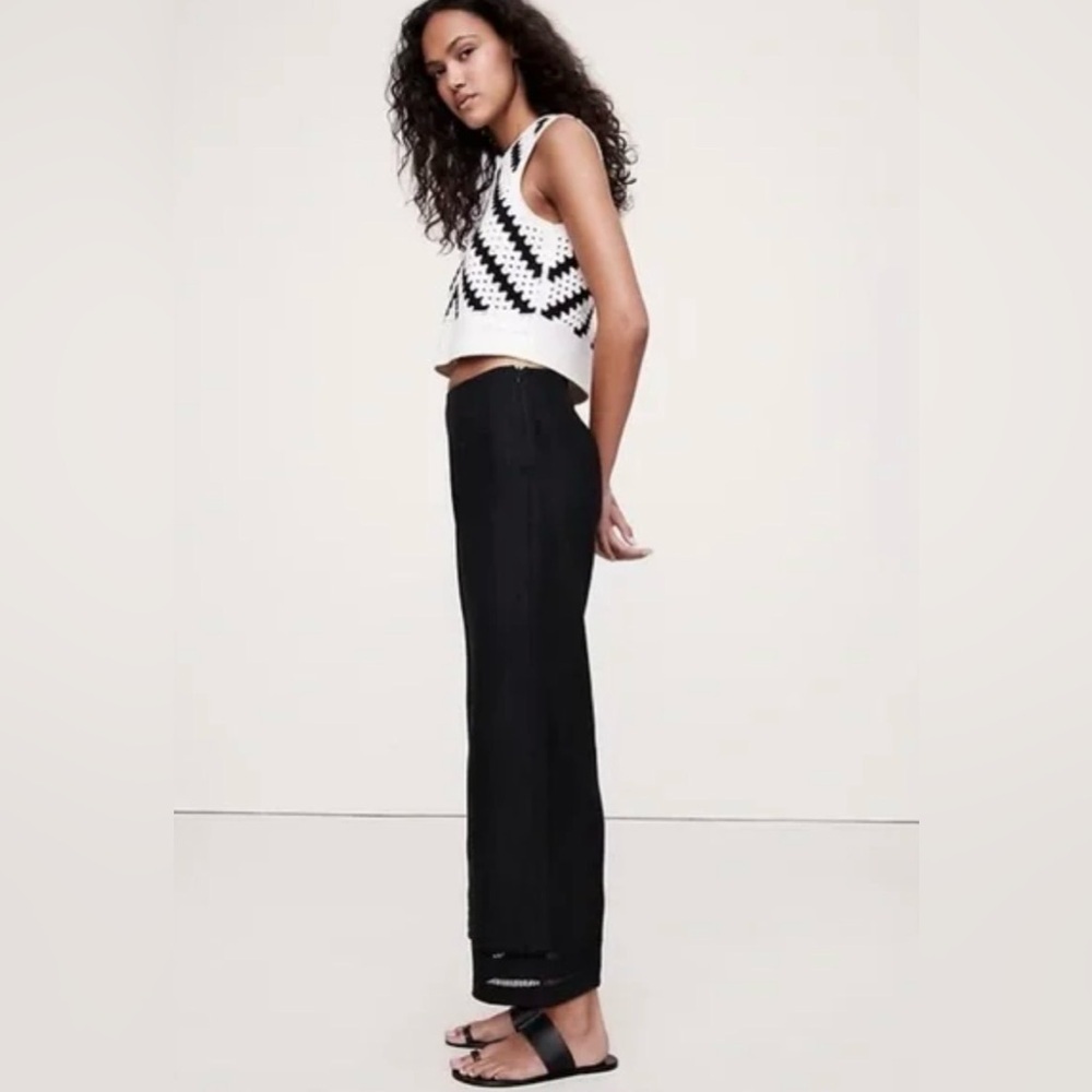 NWOT Banana Republic Mid Rise Kick Flare Lace Trim Linen Black Pant Sz 10/P - Picture 2 of 6